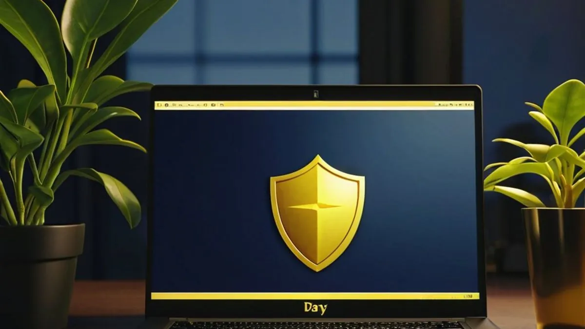 Laptop con un escudo dorado en pantalla azul entre plantas sobre un escritorio
