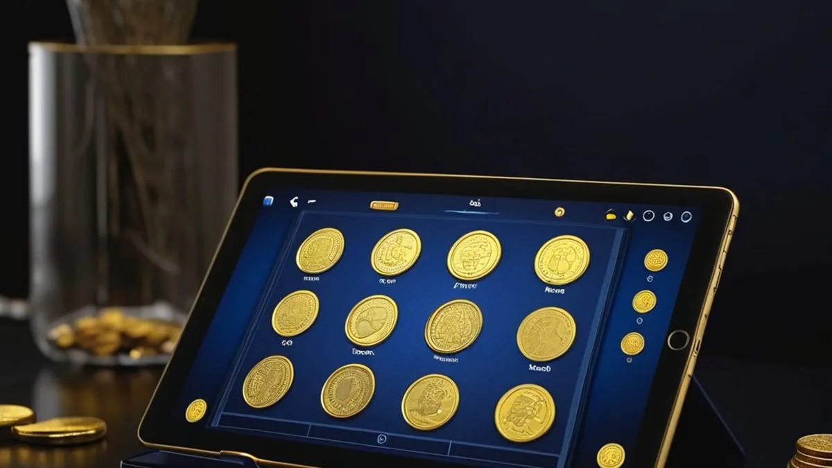 Tablet con monedas doradas en pantalla azul y monedas esparcidas sobre la mesa