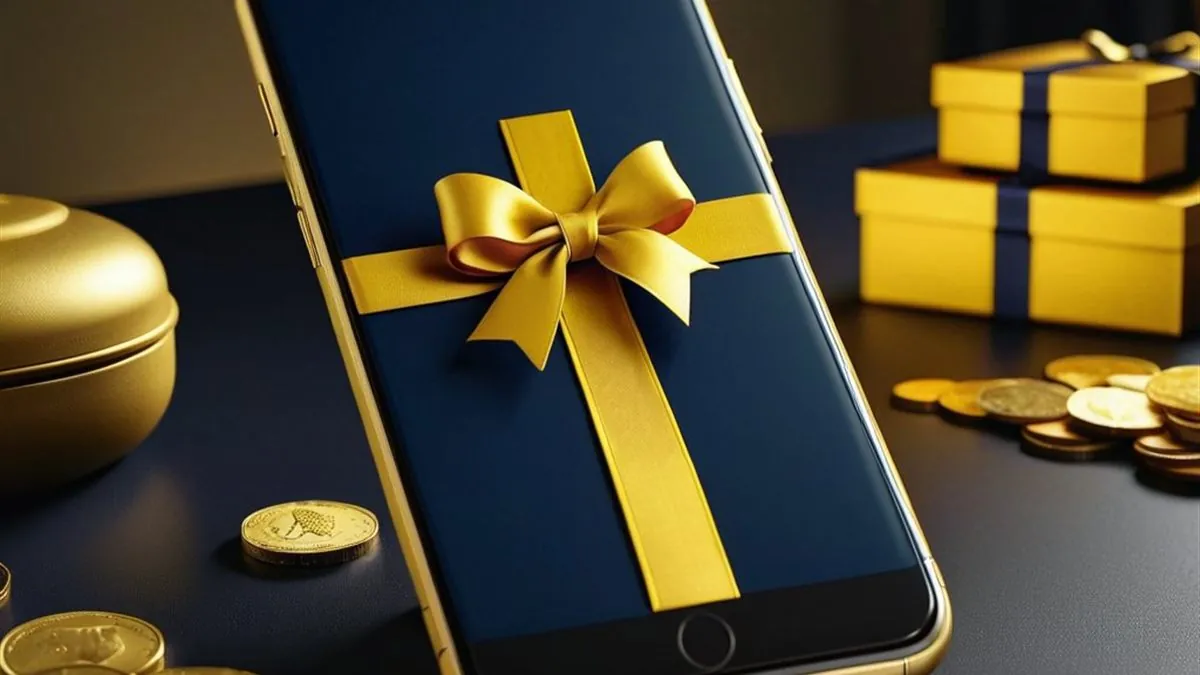 Celular con un moño dorado sobre la pantalla junto a cajas de regalo y monedas