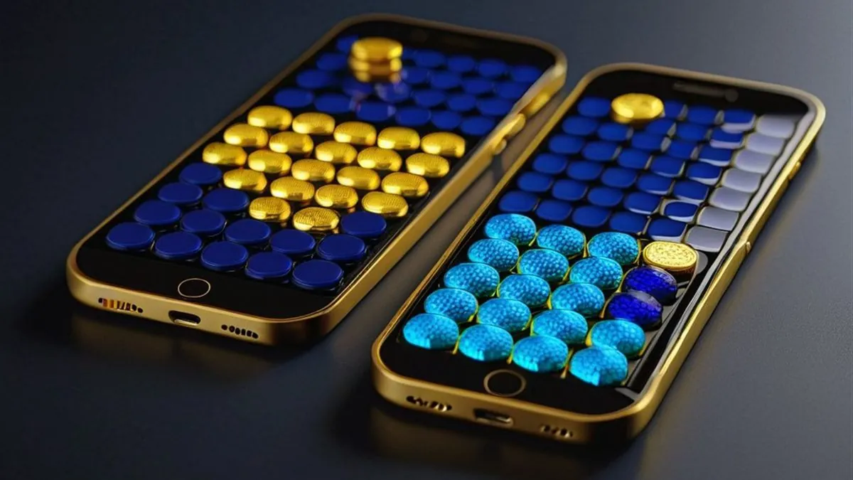 Dos celulares dorados con cuadrículas de fichas azules y doradas en pantalla